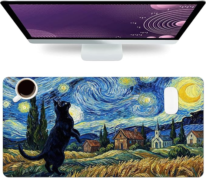 Cute Desk Mat, Starry Night Cat Large Mouse Pad for Desktop, PU Leather Waterproof Desk Pad, Anti-Slip Computer PC Laptop Protector Gaming Mouse Pads for Office Home Decorations (27.5" x 13.8")