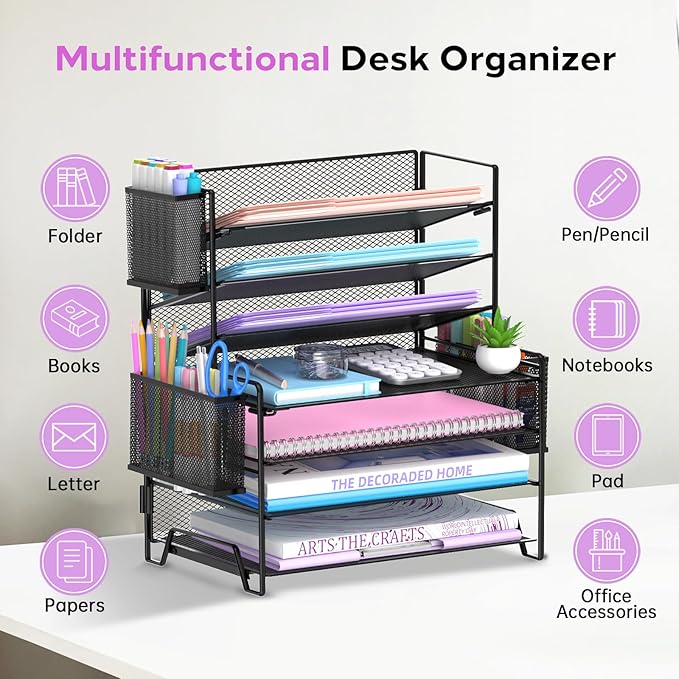 SUPEASY 7 Tier Desk Organizer with 3 Pen Holders, Heavy Duty Metal Letter Tray Paper File Organizer for Home Office School Classroom, Black