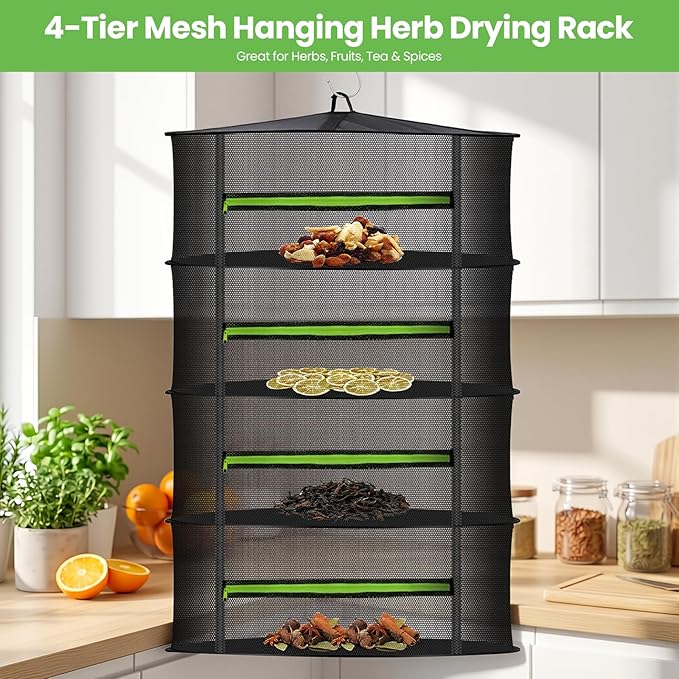 MEKOLIFE Herb Drying Rack Hanging-4 Layer, Plant Drying Rack, Bud Drying Net,Foldable Hanging Dry Rack Net with Green Zipper, Garden Shears & Hooks, for Herbs, Seeds Indoor/Outdoor (23.62")