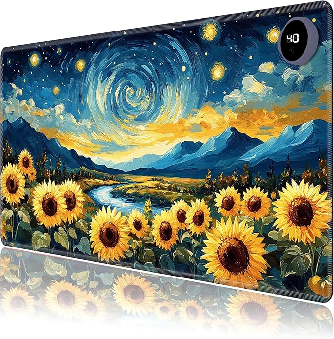 Heated Mouse Pad,Warm Desk Pad with 3 Levels Heating & 3 Hours Auto Shut-Off, PU Leather Heated Desk Pad Warmer Pad for Home Office - 23.6 x 14.2 inch,Starry Sky Sunflower
