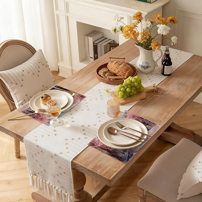 Paris Tower Pink Romantic Tree Linen Placemats Set of 6, Decorative Table Mats 12x18 Inch, Washable Heat Resistant Placemats for Dining Table Kitchen Home Decor