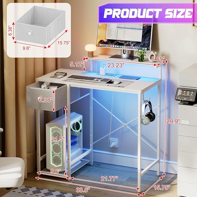 X-cosrack 33.5" Small Computer Desk with LED Lights & Outlets, Small Gaming Desk with Monitor Stand & CPU Stand, Teen Study Writing Table with Storage Drawer, Side Hooks for Bedroom, Home Office White