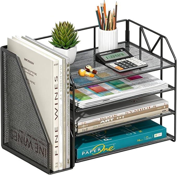 4-Tier Paper File Organizer with Drawer, Metal Desk Organizer, Tiered Paper Tray for Letter/A4 Files, Desktop Office Supplies Storage Rack, Black