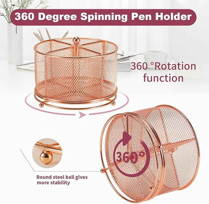 Pen Holder for Desk,360° Rotating Mesh Desk Organizer with Large Capacity 4 Compartments,Multi Functional Desk Accessories and Makeup Brush Holder for Office School Home (Rose Gold)