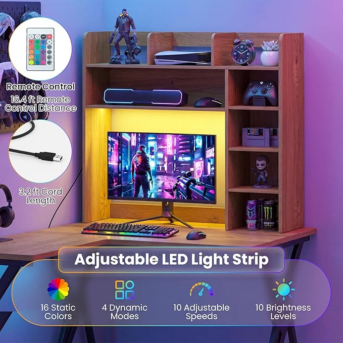 Tangkula Desktop Bookshelf with LED Lights, Desk Hutch with 8 Shelves for Max 25" Monitor, Desktop 5-Tier Display Rack, Multipurpose Wood Desktop Storage Hutch Organizer for Dorm Office Home (Natural)