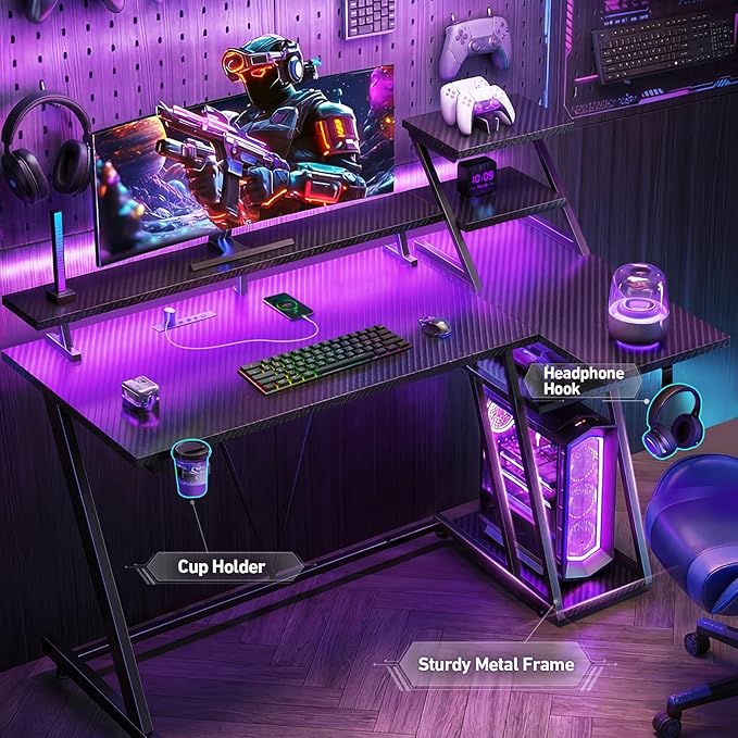 Korfile 55 Inch Black Gaming Desk with LED Lights & Power Outlet, Gaming Computer Desk with Storage Shelves, L Shaped Gamer Workstations with Monitor Stand for Bedroom
