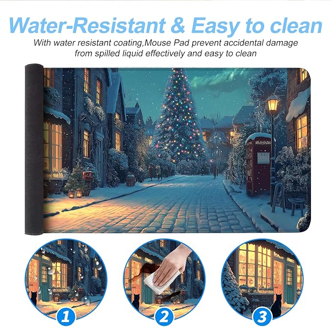 Christmas Winter Village Mouse Pad – 31.5" x 11.8" Large Extended Desk Mat with Black Cat and Christmas Tree Scene – Cozy Holiday Design, Non-Slip Base, Smooth Surface for Home & Office