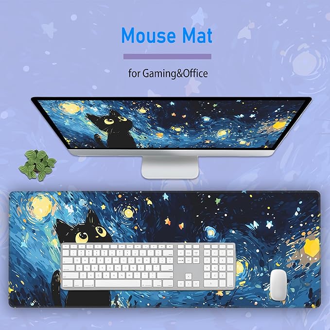 Starry Night Cat Gaming Mouse Pad,Large Cute Mousepad,Extended Anime Dreamy Waterproof Desk Mouse Mat,Kawaii Blue Stitch Mousemat for Office and Home,31.5 x 12in