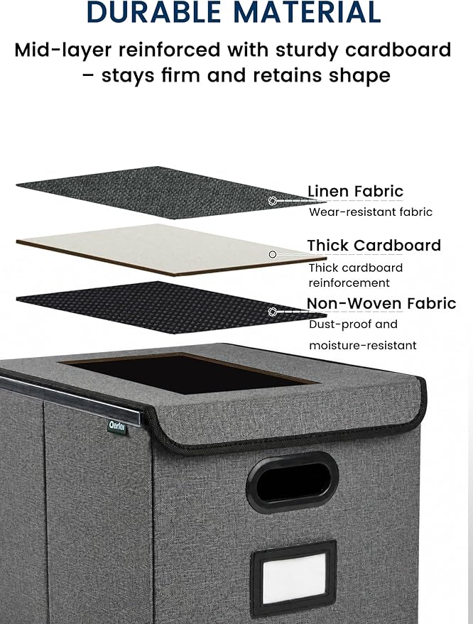 Qerlei File Organizer Boxes with Lids,Collapsible File Folder Organizer with Plastic Slide,Collapsible Filing & Storage Boxes for Office/Decor/Home (Drak grey, 1 Pack)