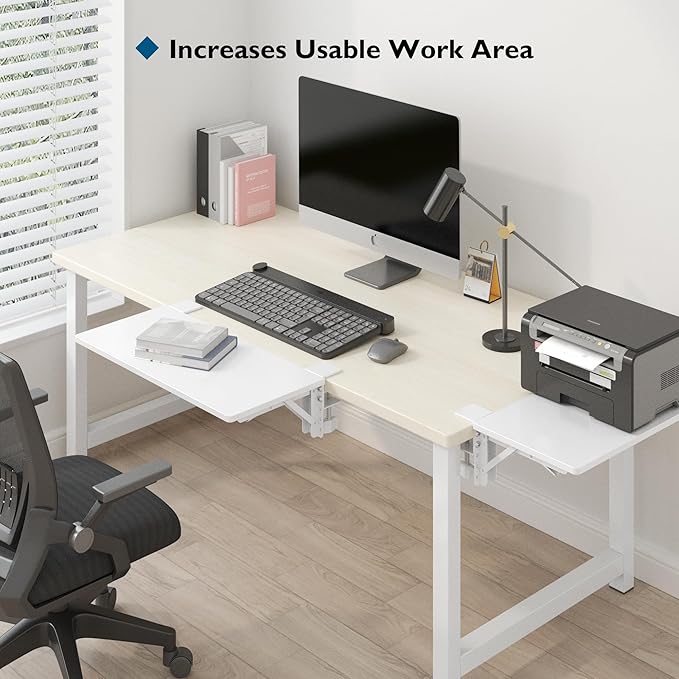 BONTEC Small Ergonomics Desk Extender Tray, 20x9.5 Inch Table Mount Arm Rest Shelf, 90° Foldable Keyboard Tray Platform, Clamp on Computer Arm Rest for Desk, Suitable for Office Desks, White