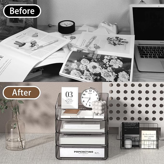 FANXIYQ 4-Tier Acrylic Paper Tray Organizer | Clear Stackable Desk Organizer for Documents, Letters, A4 Paper | Modern Office/Classroom/Home Organization,Brown