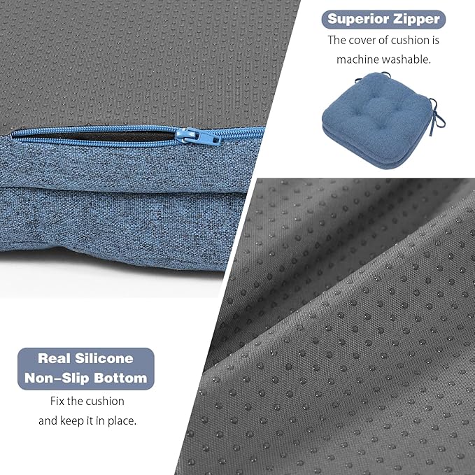 baibu Set of 6 Dining Chair Cushions, Dual-Layer Patent Design Memory Foam Kitchen Chair Cushions, Non-Slip Seat Pads with Ties, 16.5 x 16.5 x 3.5in, Blue