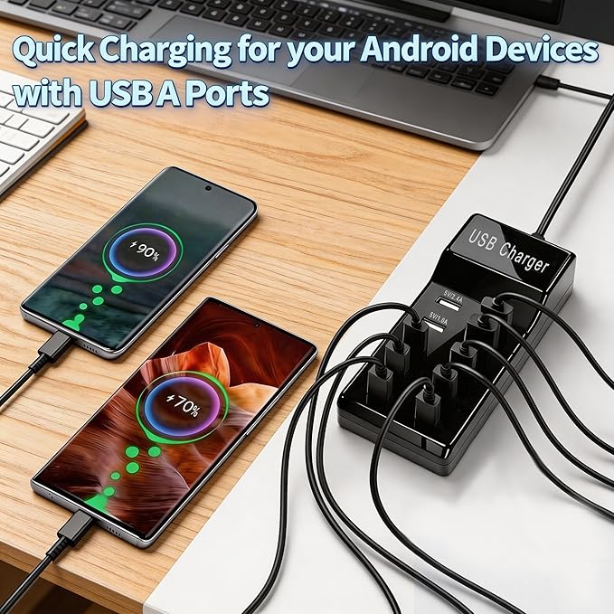 10-Port USB Wall Charger Station with Cables,50W 10A USB C Power Hub for Multiple Device,Phone Charger Block for Samsung Galaxy S25 S24+ S23+ Ultra,Google Pixel,iPhone,EarbudsSmartwatch(Black)