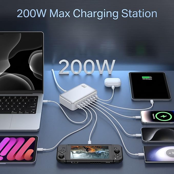 200W USB C Charger USB C Charger Block,Upgraded GaN III 8-Port Fast Charging Station Hub,PD 65W Laptop Charging Adapter Compatible with MacBook Pro/Air,DELL,Steam Deck,iPhone 16/15/14,Galaxy S23/22