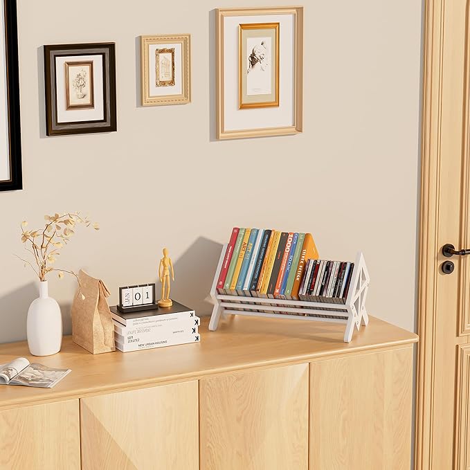 Desktop Bookshelf Organizer, Wood Office Tabletop Book Storage Rack, Tilting Bookcase for Books/CDs/Magazine Display (Pure White)