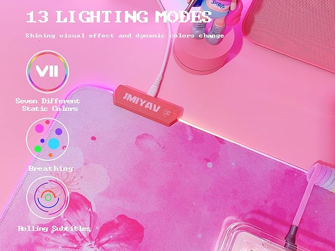 JMIYAV RGB Cherry Blossom Gaming Mouse Pad Pink 31.5x12 Inch PC XL Large Extended Glowing Led Light Up Desk Pad Non-Slip Rubber Base Computer Keyboard and Mouse Pad Cute Mousepad