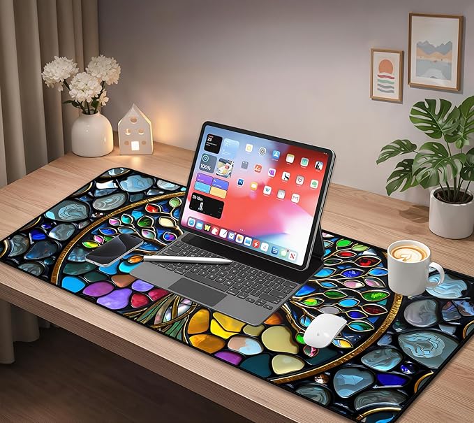 Faux Stained Glass Desk Mat, Tree of Life Desk Pad Mouse pad XXL, Game Pad Large Office Desk Keyboard Mats,with Stitched Edges Non-Slip Base Mousepad, Aesthetic Full Desktop Decor 31.5"X15.7"