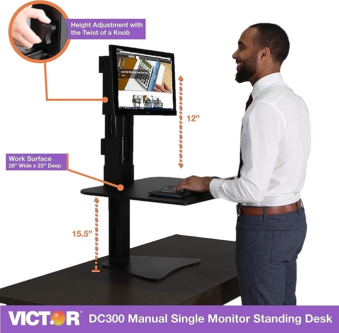 Victor High Rise Standing Desk Workstation, 28" X 23" X 10.5" to 15.5", Black
