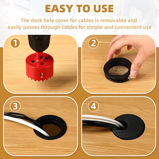 Desk Grommet 2 Inch (50 mm) 10 Pieces, Desk Hole Cover for Cables Black, ABS Plastic Grommet Hole Cover with Hole Saw for Wires Cables Through the Countertop by XIOGZAXI