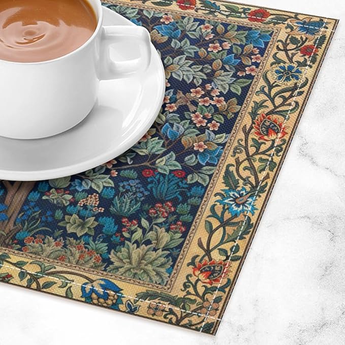 William Morris Floral Placemats Vintage Tree Art Style Boho Chic Retro Tree Linen Washable Table Mats Stain Heat-Resistant Desktop Decor Place Mats for Home Kitchen Dining Party 12x18 in 6 Pcs