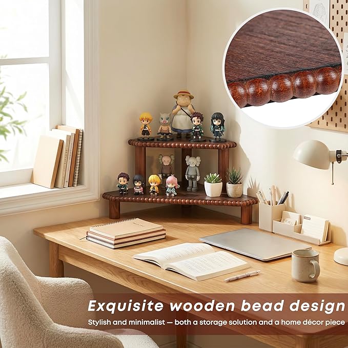 2-Tier Rustic Corner Shelf for Kitchen Counter,Wood Beaded Farmhouse Countertop Organizer with Removable Feet, Stackable Bathroom Vanity & Coffee Bar Decorative Riser Stand(Rustic Walnut)