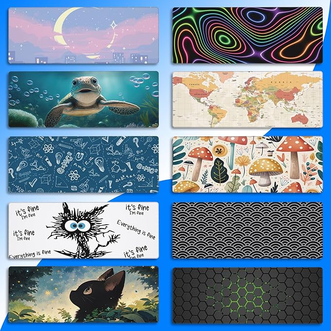 Desk Pad, Hand Drawn Charming Mushroom and Leaves Extended Gaming Mouse Pad Large, 31.5"x11.8" Big Mouse Pad with Non-Slip Base and Stitched Edge, Long Computer Keyboard Mouse Mat for Home Office Work
