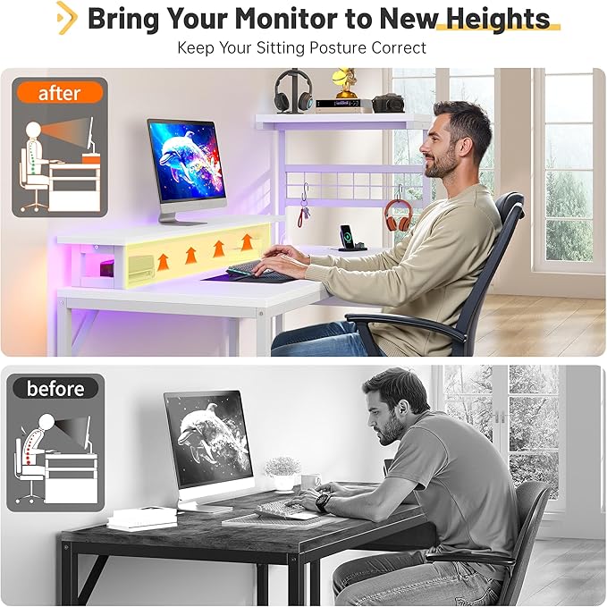 EnHomee 48" Computer Desk with Drawer & Storage Shelves, Home Office Desk with Monitor Stand, Gaming Desk with LED Lights & Power Outlets for Living Room, Study Room, Gaming Room, White