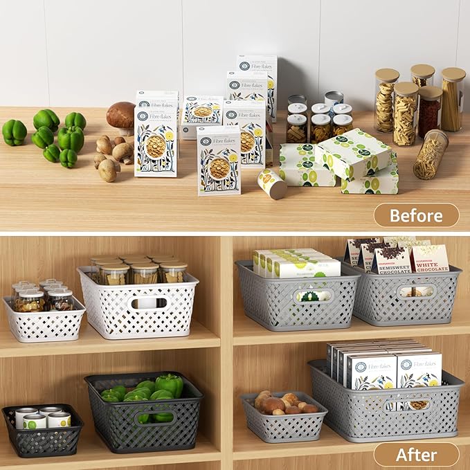 MaxGear Organization and Storage 3 Packs, Plastic Bins Organizer Bins, Woven Baskets for Storage, Plastic Baskets with Handles White Basket for Organizing, Basket Organizer for Home and Office, Medium