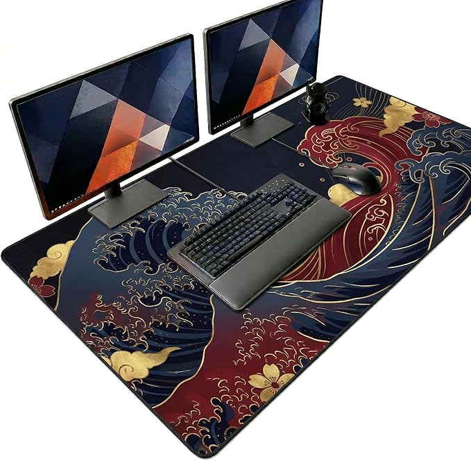 48x24in Large Gaming Mouse Pad, Traditional Japanese Wave Extended Desk Mat, Non-Slip Waterproof Keyboard Pad with Gold Accents for Home Office Gaming