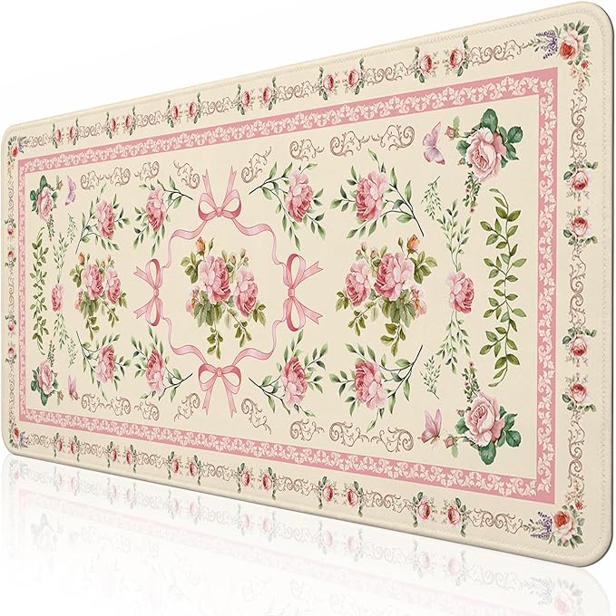 Beige Floral Boho Mouse Pad Large 35.4×15.7 Aesthetic Girly Desk Mat for Women Girls,Non-Slip Water-Resistant Pad for Home Office Gaming