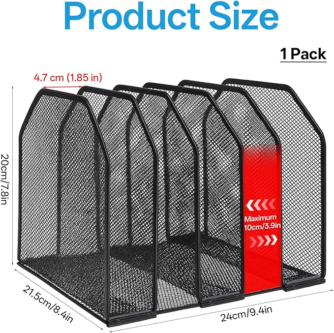 Desk File Organizer Vertical 5 Sections Metal Adjustable Magazine Holder Upright Desktop Bookshelf Organizer Stand File Sorter Office Desk Accessories Black
