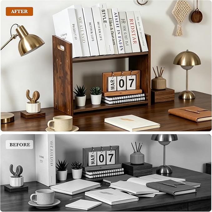 Desktop Bookshelf, 2 Tier Desk Shelf Organizer, Wood Office Tabletop Bookcase, Small Tabletop Book Rack, Portable Mini Bookcase for Book Display, Office, Home, Bedroom, Storage and Display
