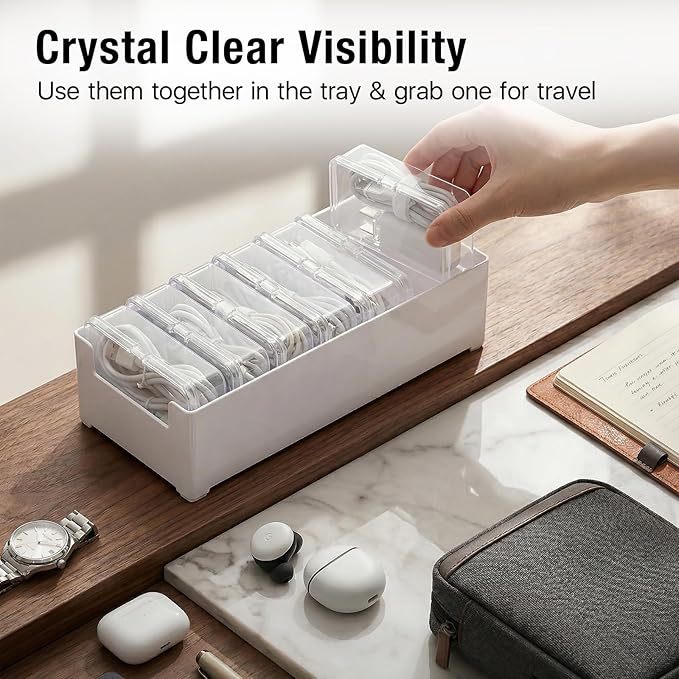 2 PCS Cable Organizer Box with 11 Standalone Cable Management Box, Charger Cord Organizer for Home/Office Desk Accessories Storage Stationery Supplies & Accessories（Clear）