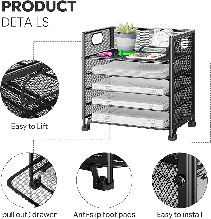 Simple Trending 5-Tier Paper Organizer for Desk– Letter Tray & File Holder with Handle, Metal Mesh Desktop Document Shelf for Office, Black