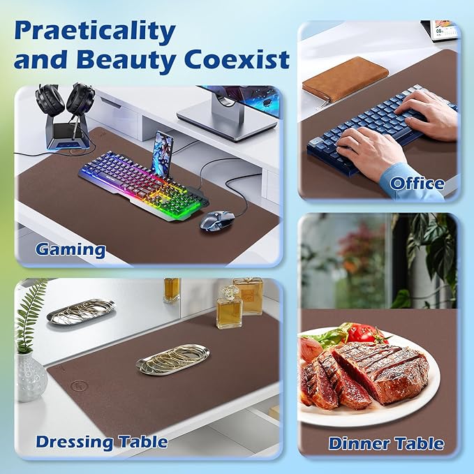 Wireless Charging Desk Mat with Desk Pad for Desktop Charging Large Mouse Pad Waterproof Leather Computer Mat Mouse Pad Non-Slip Protector on Top of Desks for Keyboard and Mouse (brown-l, 36*17inch)