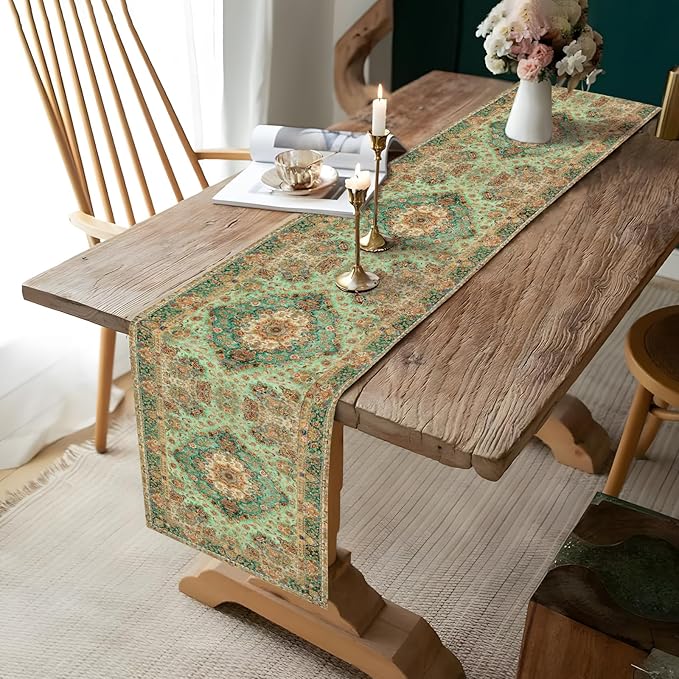 Boho Floral Green Table Runner,Vintage Elegant Farmhouse Table Center Linen Decor,Country Rustic Farmhouse Magical Fall Kitchen Dining Table Decoration for Home Dining Party Decor 13x48 Inch