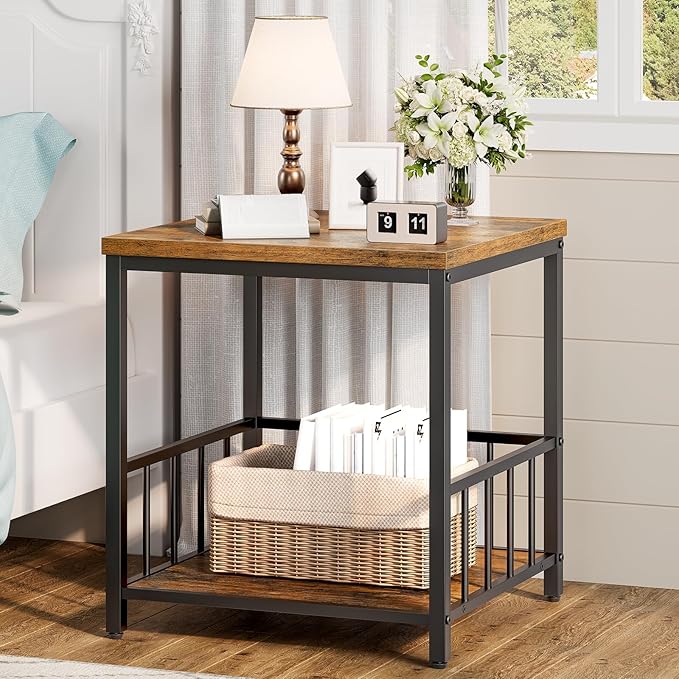 RALGEND End Table, Mini Fridge Stand with Storage, 20" Mini Fridge Cabinet with 2-Tier Storage Shelves, Mini Fridge Table Adjustable Feet, for Kitchen, Living Room, Rustic Brown and Black 5001RSBF