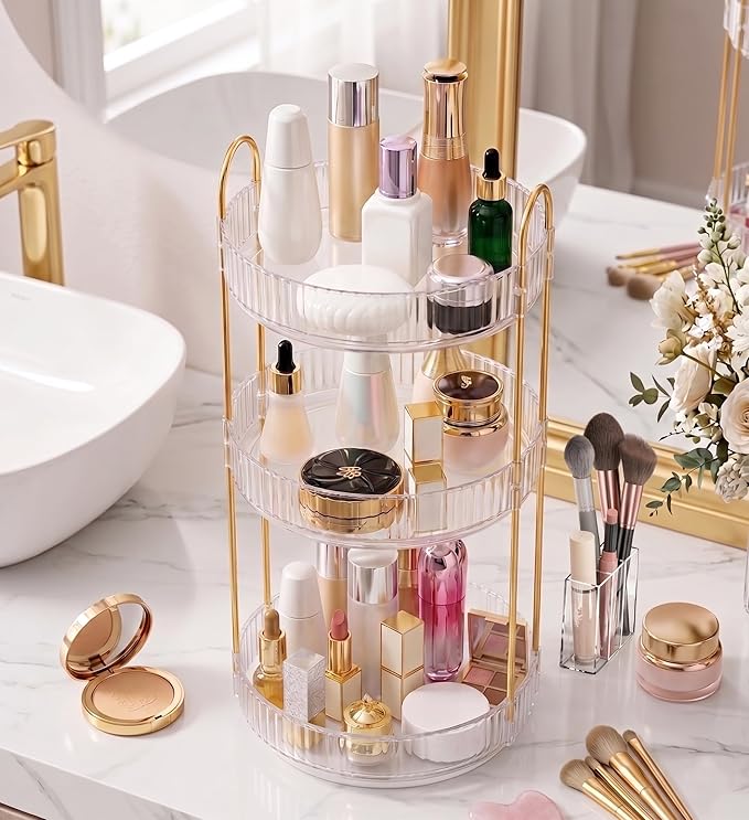 Aveniee Crystal Three-Layer 360° Rotating Cosmetic Stand, Premium Solid Metal Pole Sturdy Construction, Translucent Revolving Beauty Storage Unit for Vanity, Sink or Bathroom Shelf, White