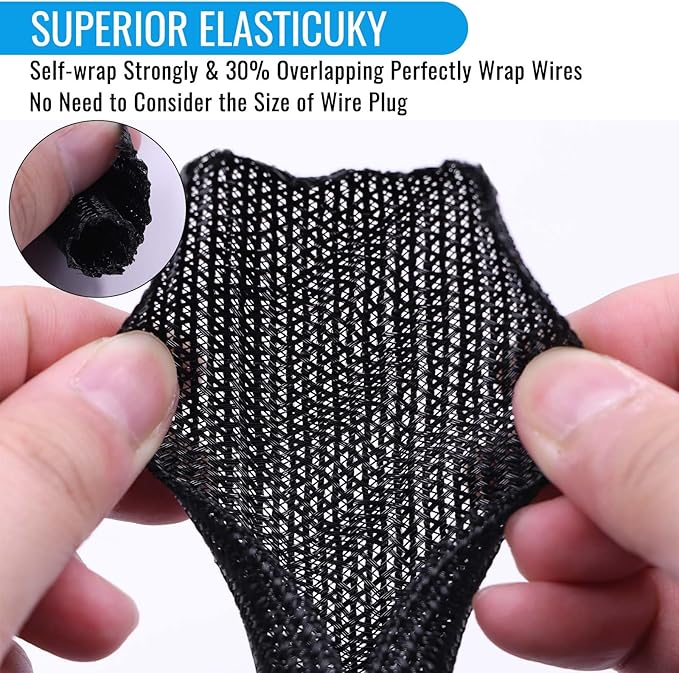 3/8" Braided Cable Sleeve - 10Ft Cat Cord Protector Split Wire Loom Tubing Flexible Self Wrapping for USB, Audio, Automotive Cord, Dog Chew Proof Cable Protector - Black