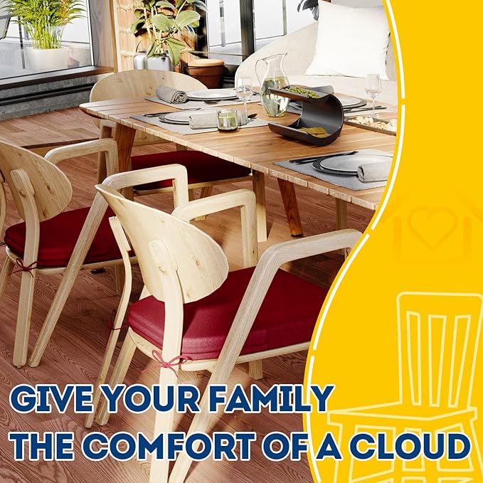 AAAAAcessories D-Shaped Chair Cushions, 2" Thick Dining Chair Pads with Ties and Removable, Machine-Washable Cover, 17" x 16", Set of 8, Wine Red
