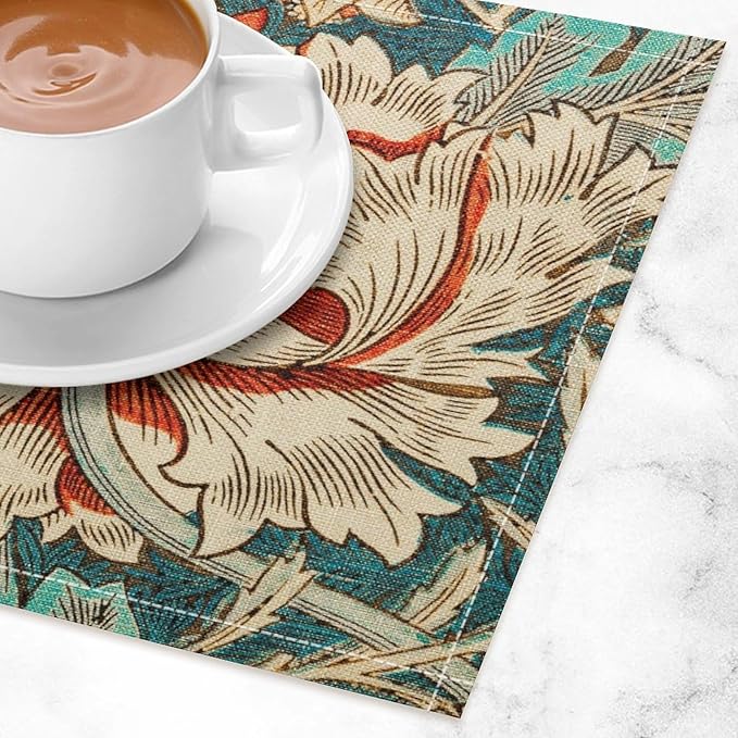 William Morris Floral Placemats Vintage Flower Art Style Boho Chic Retro Floral Linen Washable Table Mats Stain Heat-Resistant Desktop Decor Place Mats for Home Kitchen Dining Party 12x18 in 6 Pcs