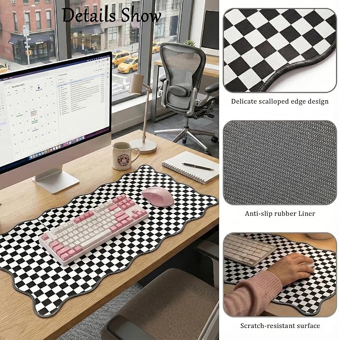 Scalloped Desk Mat Black and White Extended Large Mouse Pad Cute Desk Pad XXL Aesthetic Plaid Mousepad Checkered Gaming Mouse Pad for Keyboard Computer Laptop Office Accessories Girl 35.4X15.7Inch