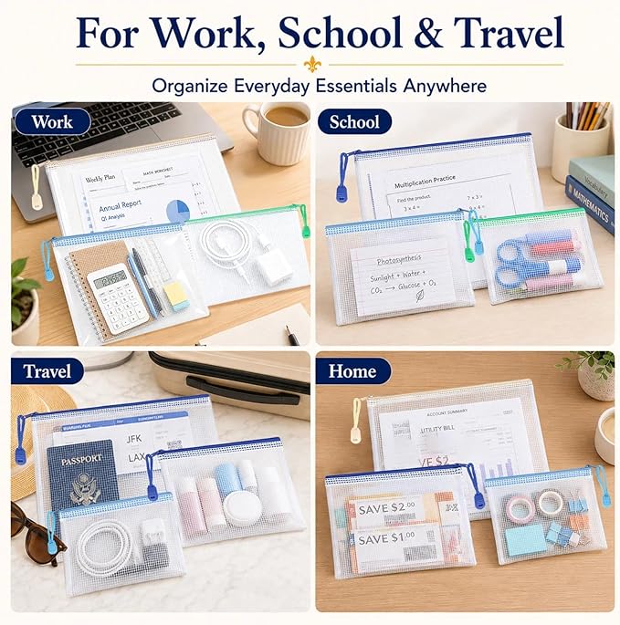12-Pack Mesh Zipper Pouch Set with 1 Organizer Bag, 3 Sizes (A4, A5, B6) Clear Waterproof File Bags for Travel Organization, Journaling & School Office Supplies (13pcs)