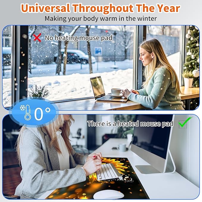 Heated Mouse Pad,Warm Desk Pad with 3 Levels Heating & 3 Hours Auto Shut-Off, PU Leather Heated Desk Pad Warmer Pad for Home Office - 31.5 x 13 inch,Luminous Sunflower Butterfly