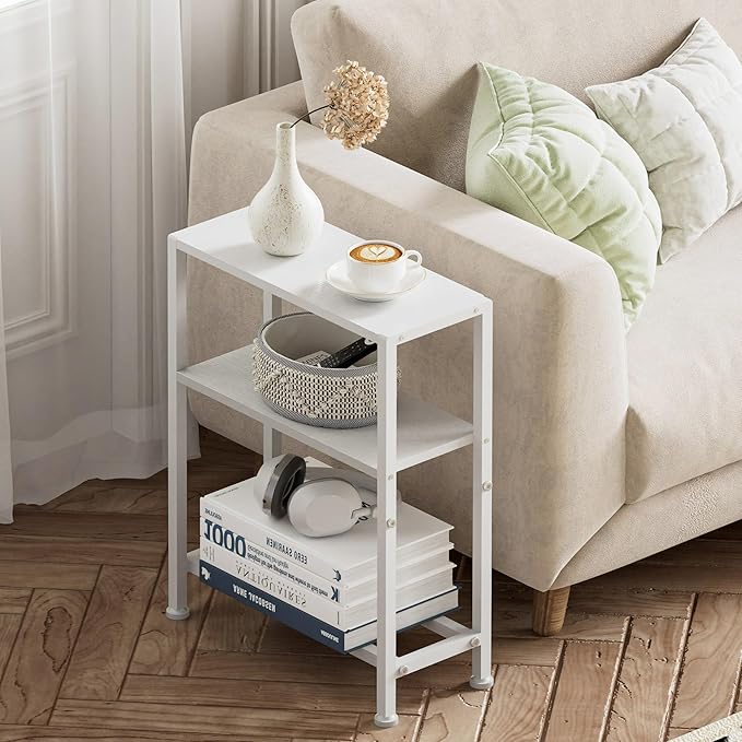 Narrow Side Table for Small Space, 2-Tier Small End Table with Shelf Holder, Slim Nightstand, Skinny Snack Couch Table in Living Room, Bedroom, Study, Kitchen and Balcony (White)