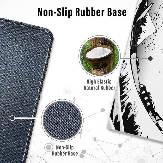 Ovenbird Gaming Mouse Pad with Stitched Edges, Japanese Wave Extended XL Mousepad with Anti-Slip Base, Cool Large Mouse Pad for Desk, 31.5 x 11.8 in, Black and White