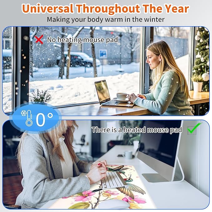 Heated Mouse Pad,Warm Desk Pad with 3 Levels Heating & 3 Hours Auto Shut-Off, PU Leather Heated Desk Pad Warmer Pad for Home Office - 23.6 x 14.2 inch,Watercolor Hummingbird