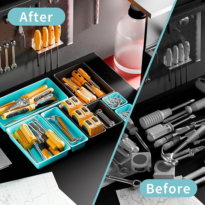[5 Sizes] [69 PCS] Tool Drawer Organizer, Tool Box Desk Drawer Tray, Rolling Tool Chest, Toolbox Organizer (Black+ Sky Blue)