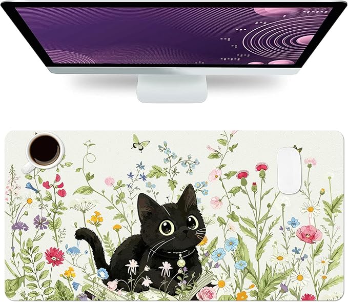 Cute Desk Mat, Floral Book Cat Large Mouse Pad for Desktop, PU Leather Waterproof Desk Pad, Anti-Slip Computer PC Laptop Protector Gaming Mouse Pads for Office Home Decorations (31.5" x 15.7")