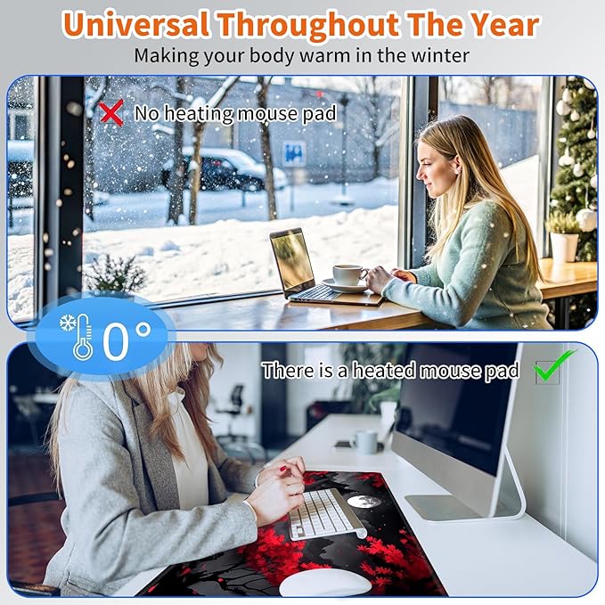Heated Mouse Pad,Warm Desk Pad with 3 Levels Heating & 3 Hours Auto Shut-Off, PU Leather Heated Desk Pad Warmer Pad for Home Office - 23.6 x 14.2 inch,Red Tree Moon